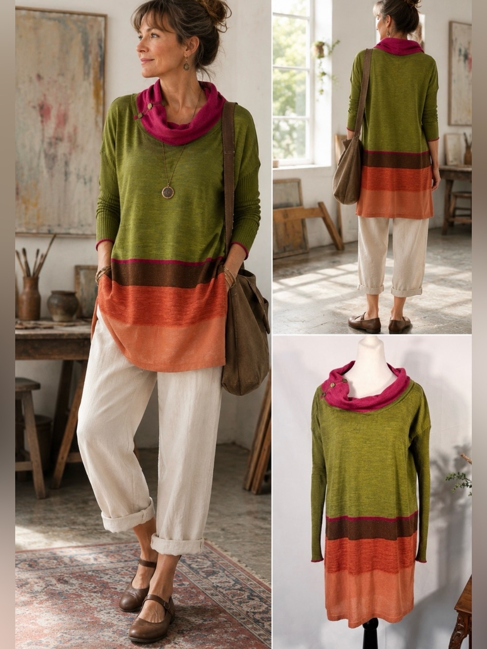 💥Eva & Claudi Colorblock Wool Knit Tunic Sweater Button Cowl Neck Sz XS🧡